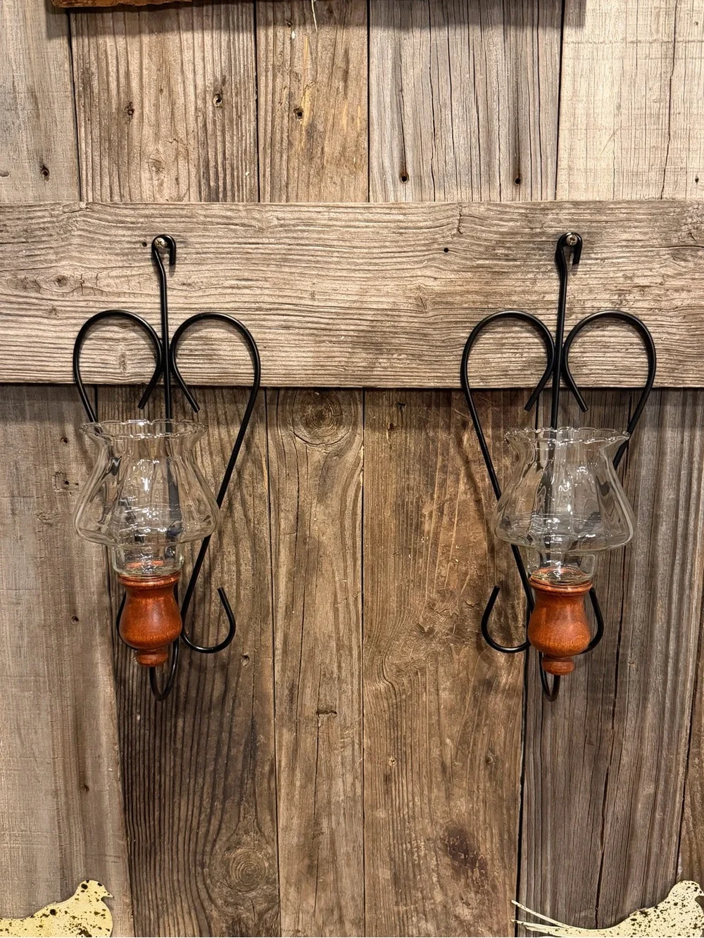 (2) Vintage Black Metal Heart and Wood Wall Sconce with Clear Glass Votive Cups